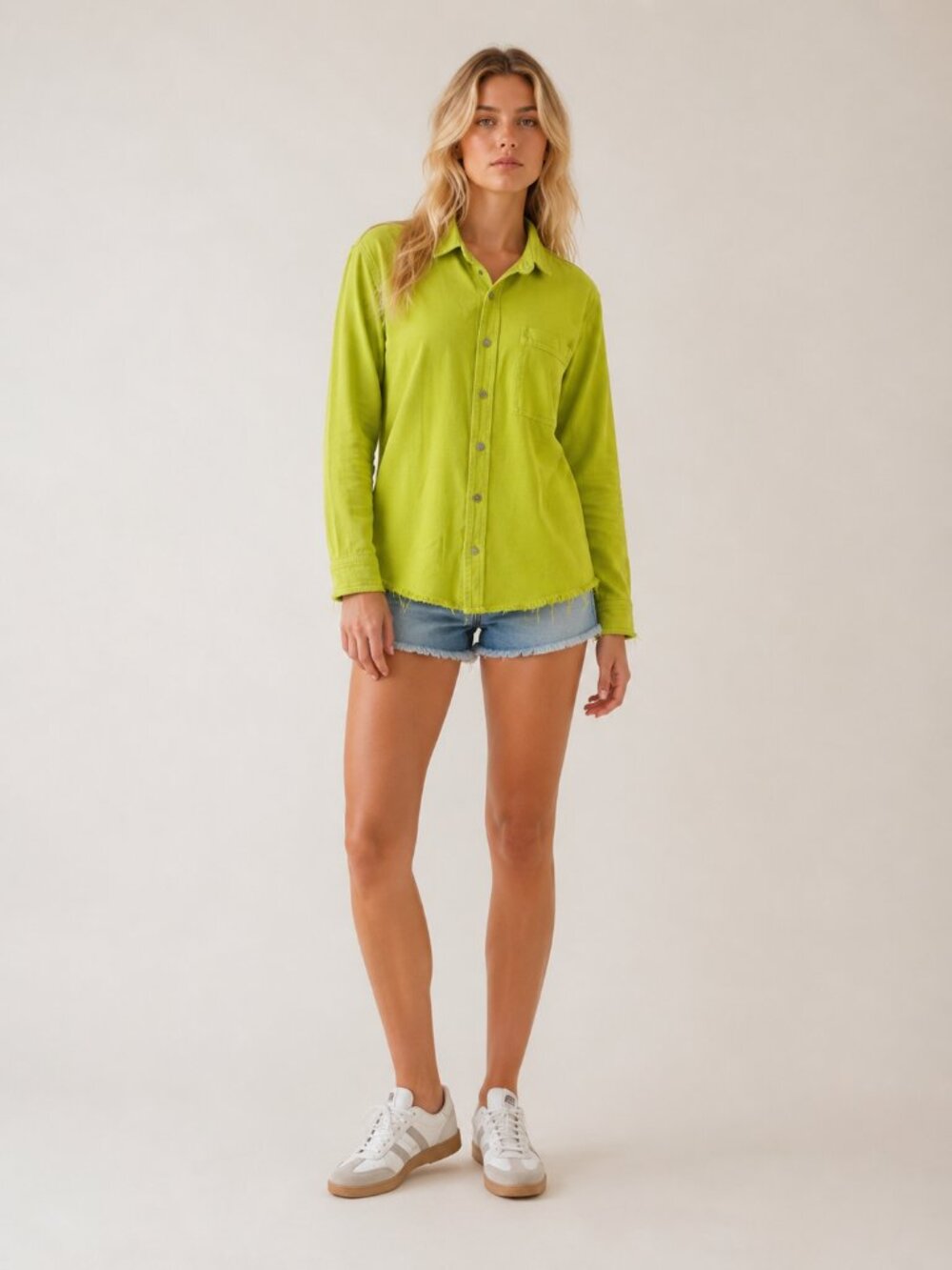 2/$30 ZARA Relaxed Fit Frayed Button-Down Shirt Neon Green Small #A4001